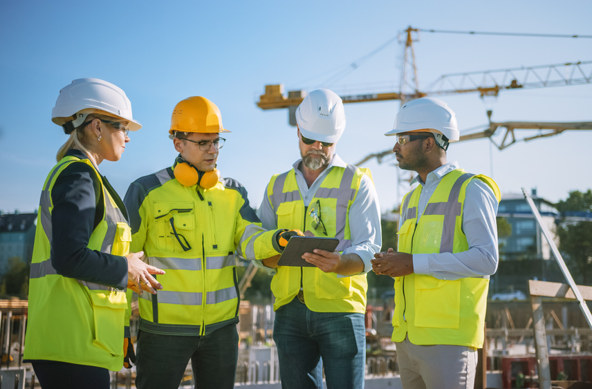 A crew of four construction works wears personal protective equipment as they review plans at the work site